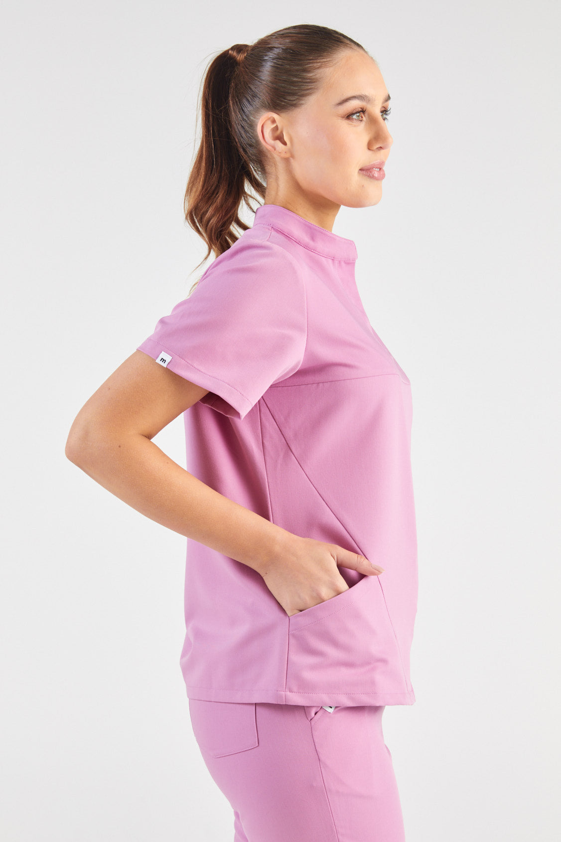 June Mandarin Collar Two Pocket Scrub Top - Dusty Pink