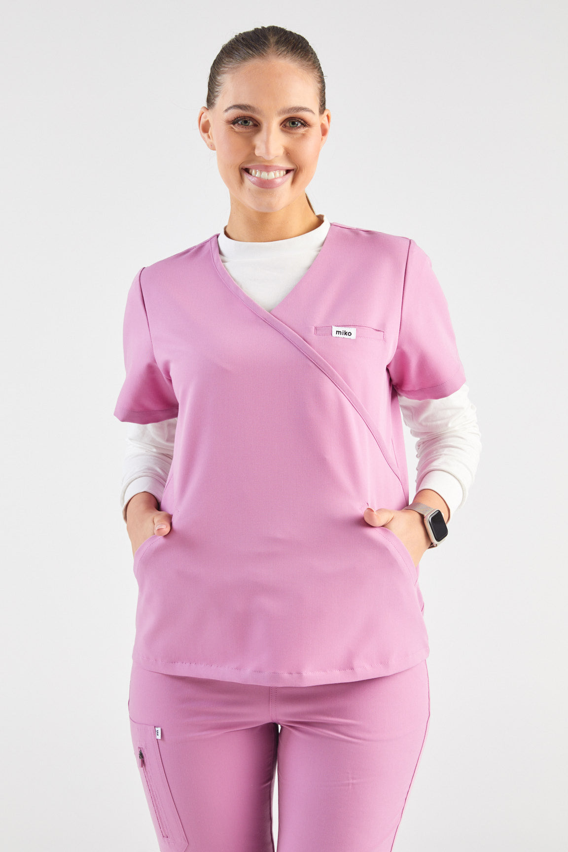 Ada V-Neck Wrap Three Pocket Scrub Top - Dusty Pink