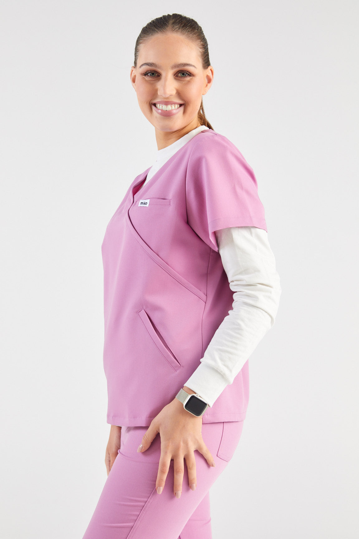 Ada V-Neck Wrap Three Pocket Scrub Top - Dusty Pink