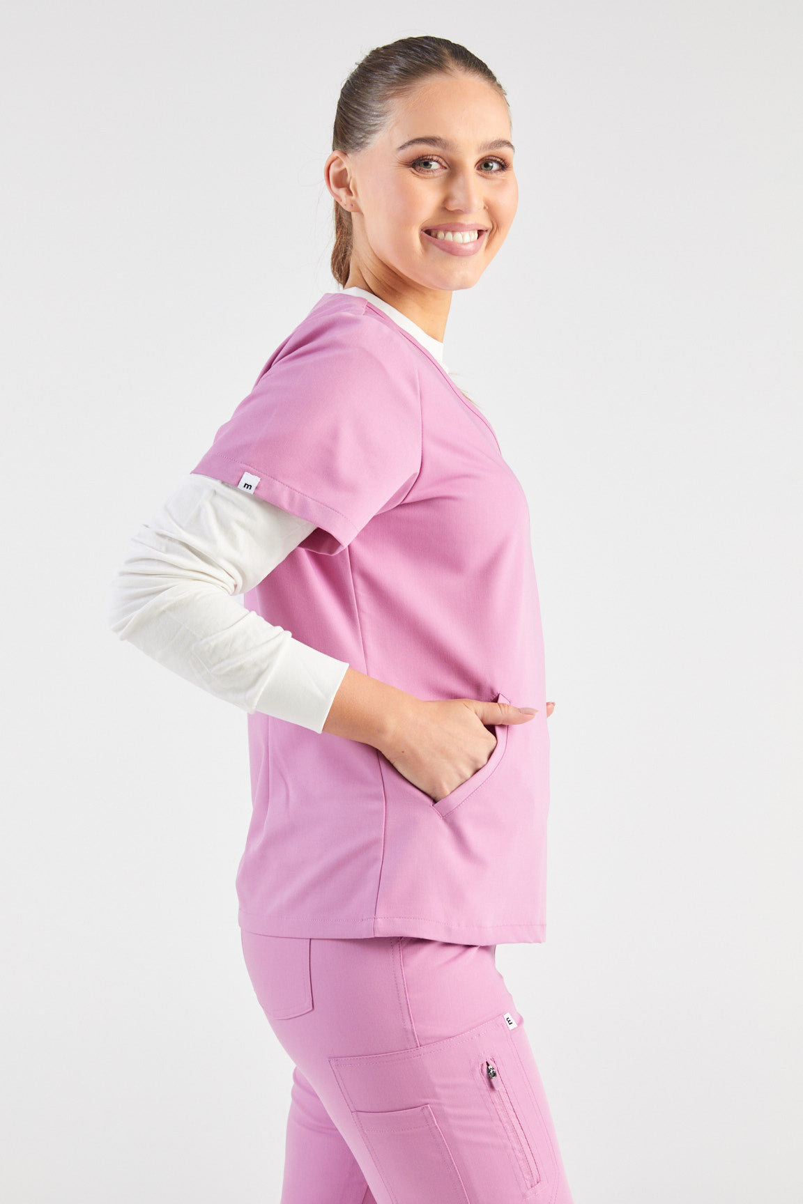 Ada V-Neck Wrap Three Pocket Scrub Top - Dusty Pink