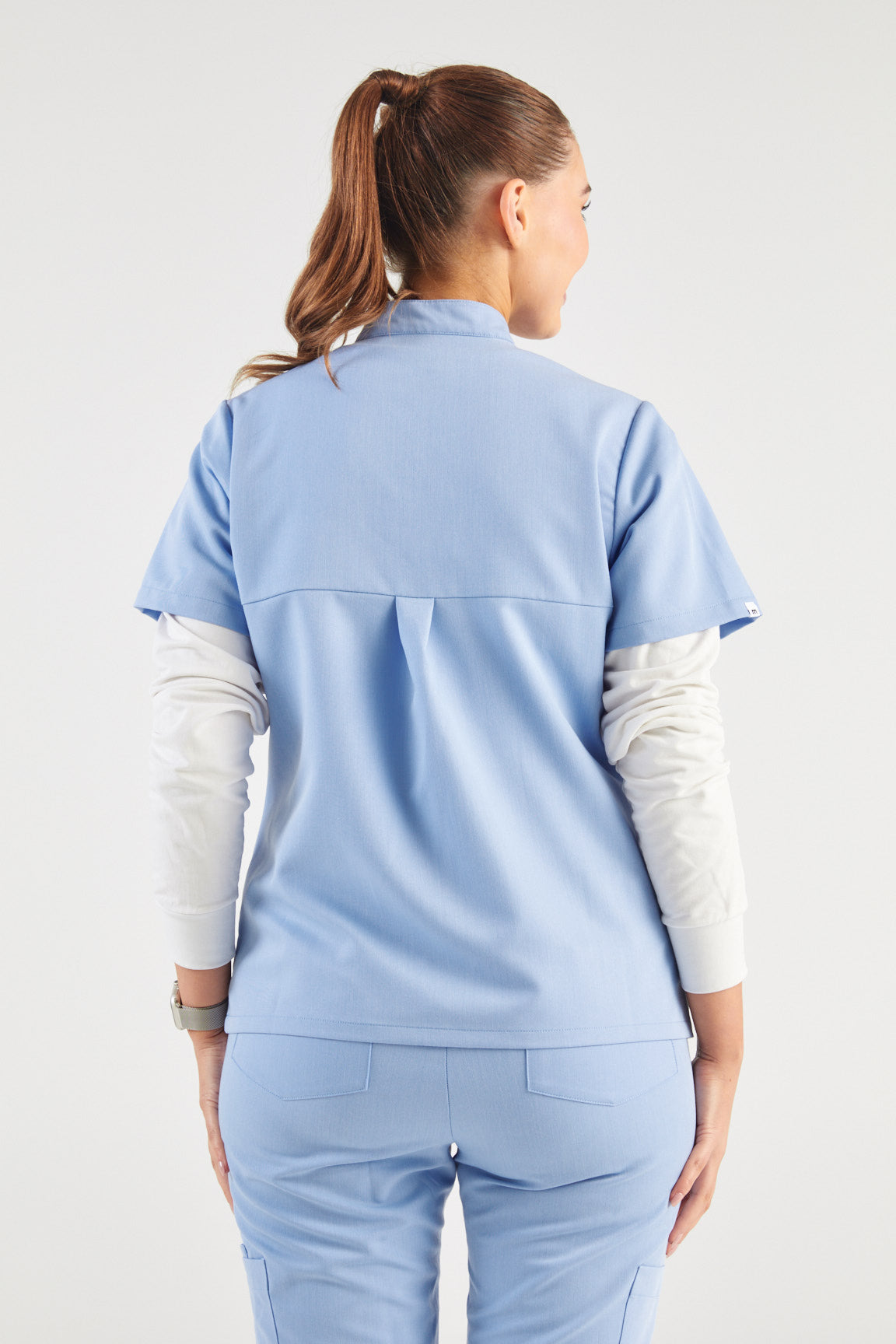 June Mandarin Collar Two Pocket Scrub Top - Sky Blue