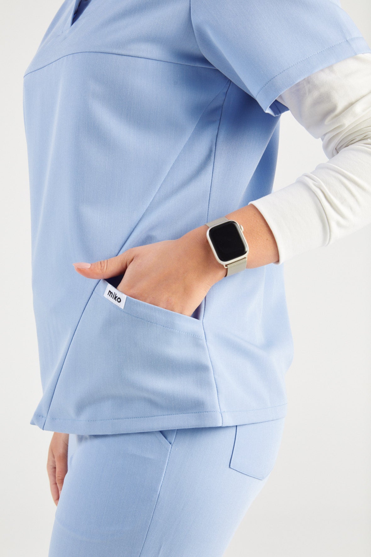 June Mandarin Collar Two Pocket Scrub Top - Sky Blue