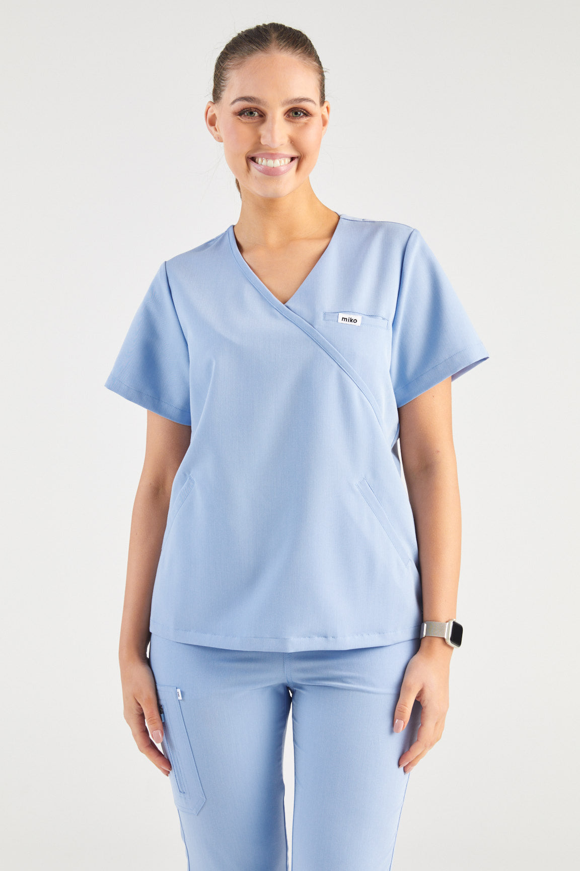 Ada V-Neck Wrap Three Pocket Scrub Top - Sky Blue