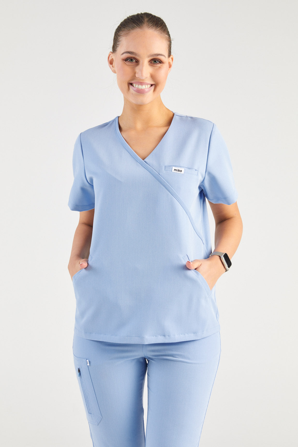 Ada V-Neck Wrap Three Pocket Scrub Top - Sky Blue