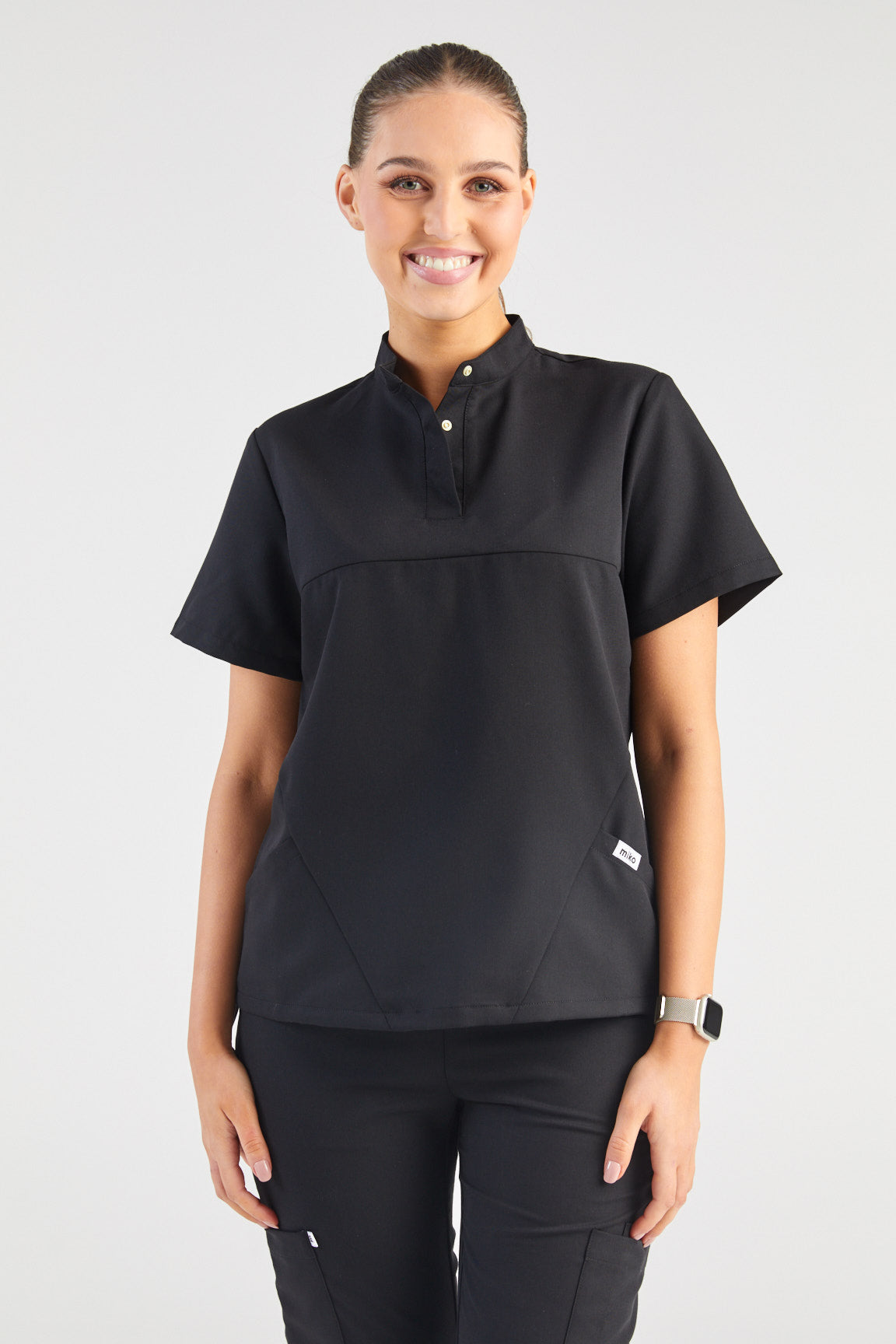 June Mandarin Collar Two Pocket Scrub Top - Black