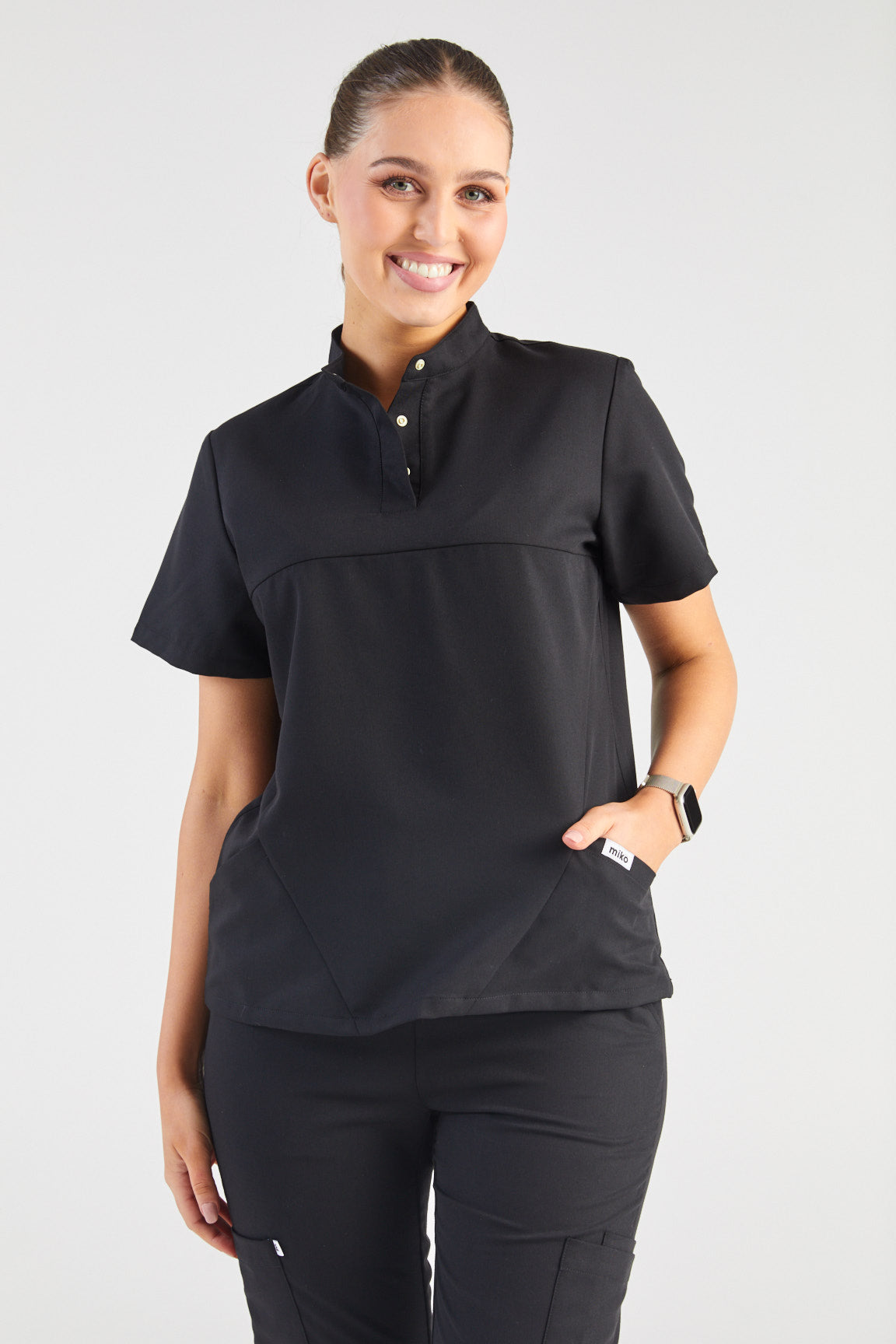 June Mandarin Collar Two Pocket Scrub Top - Black