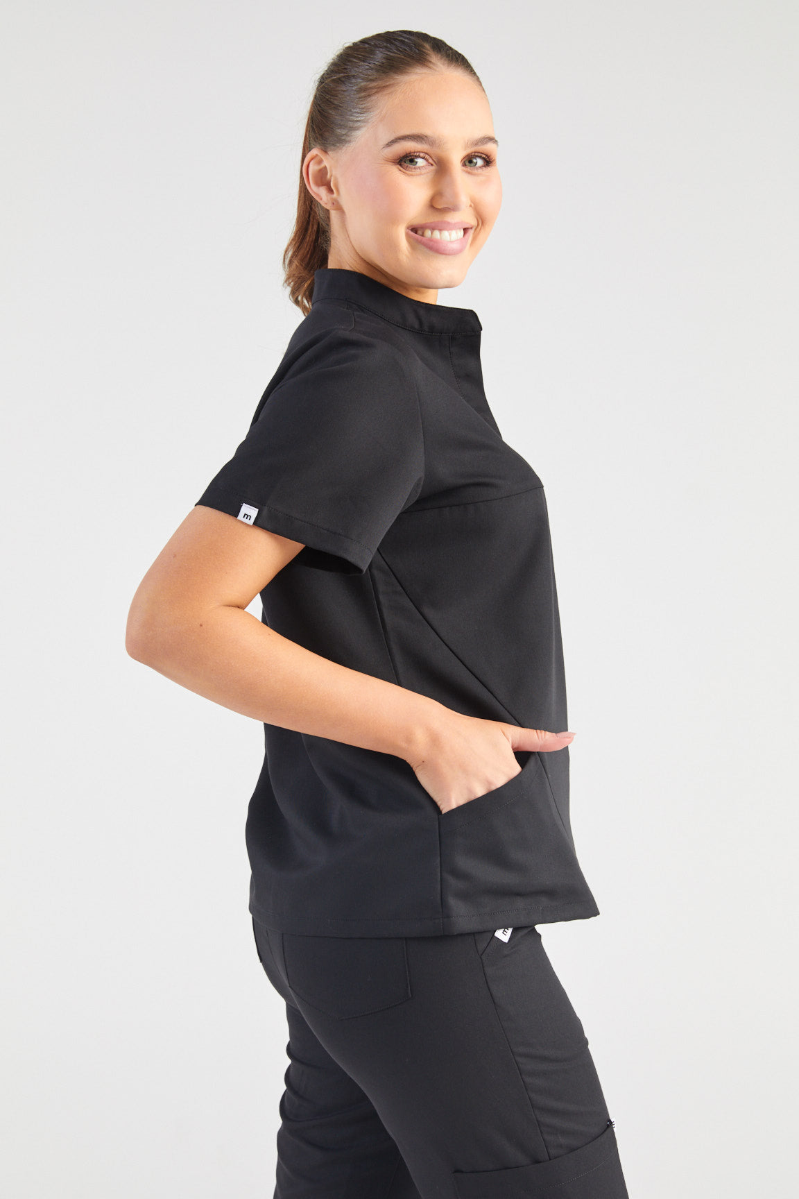 June Mandarin Collar Two Pocket Scrub Top - Black