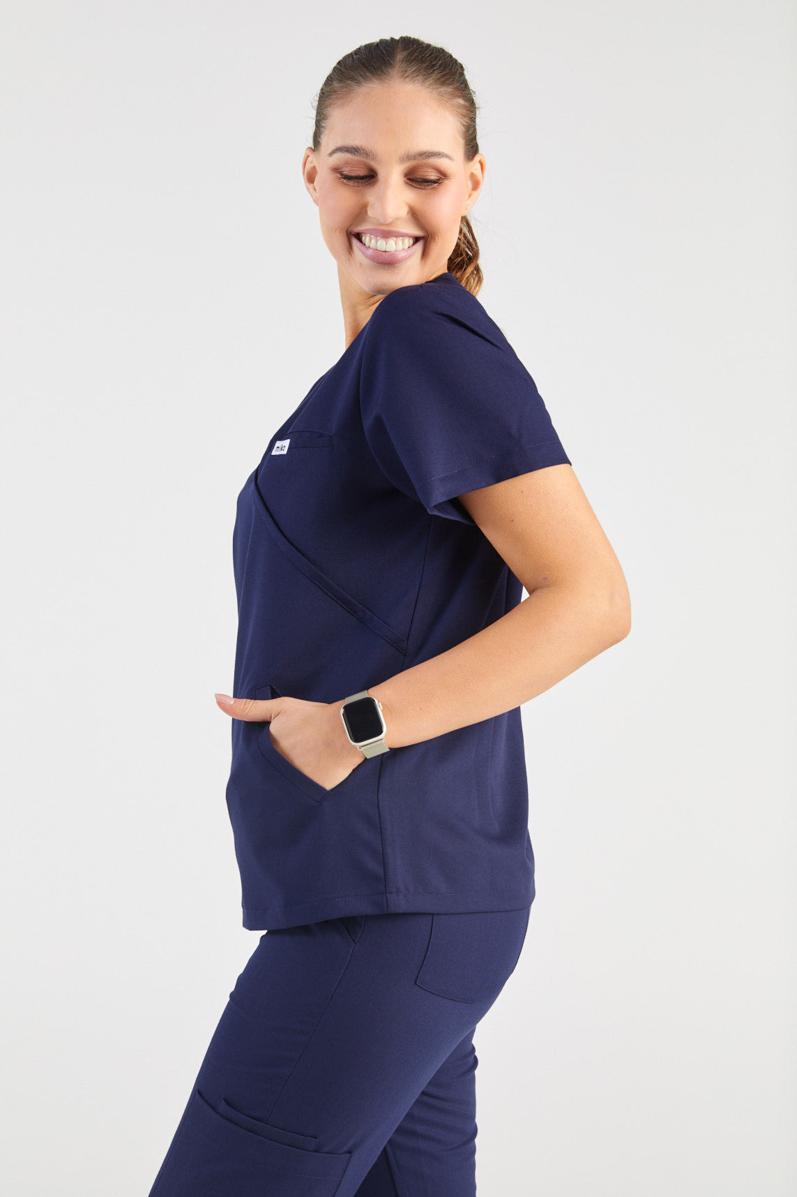 Ada V-Neck Wrap Three Pocket Scrub Top - Navy