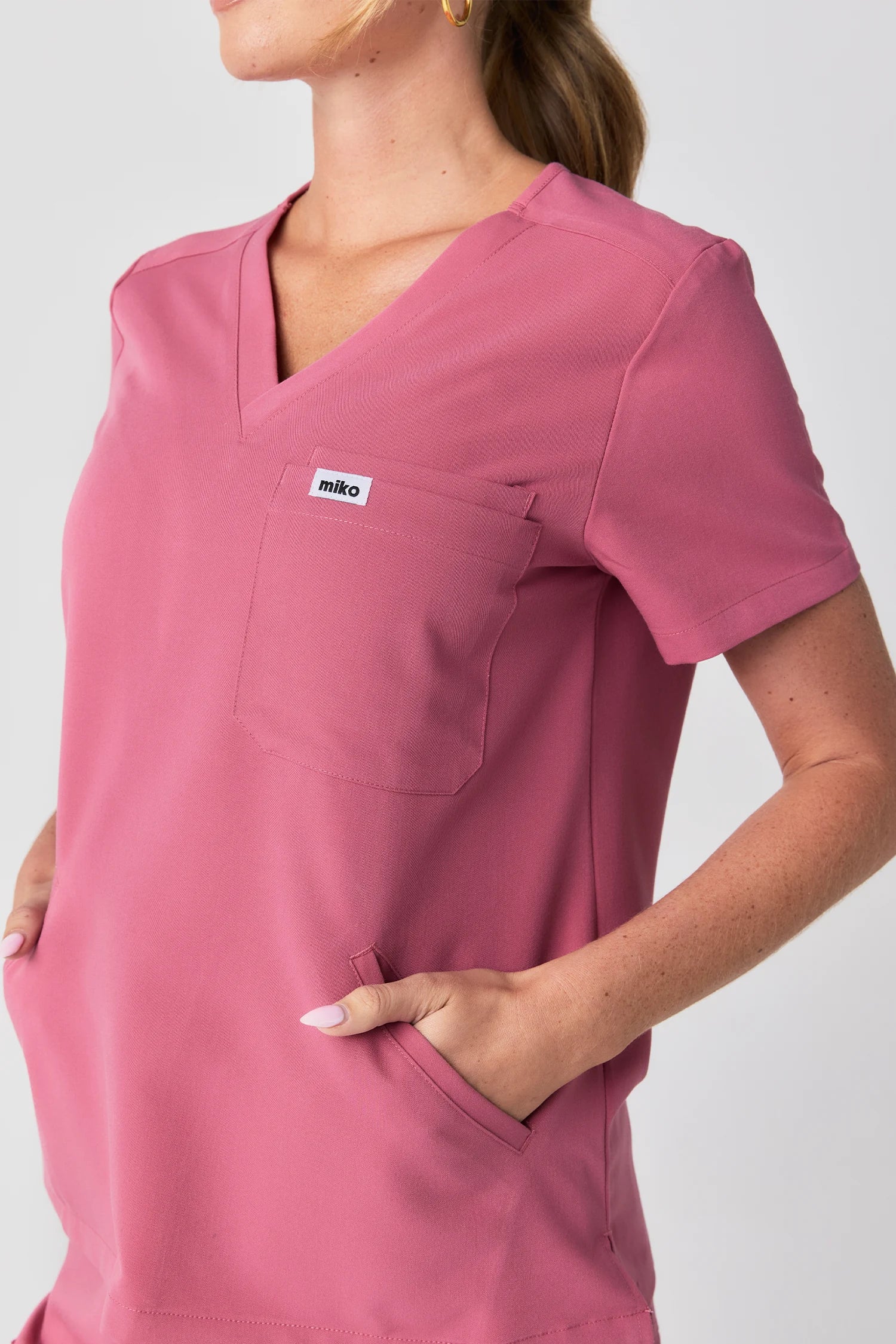 Everly V-Neck Four Pocket Scrub Top - Rose Wine (Deep Pink)