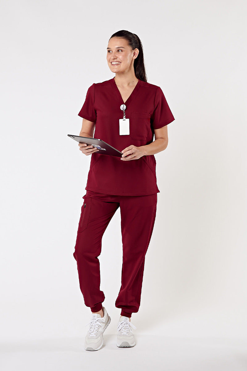 Everly V-Neck Four Pocket Scrub Top - Burgundy