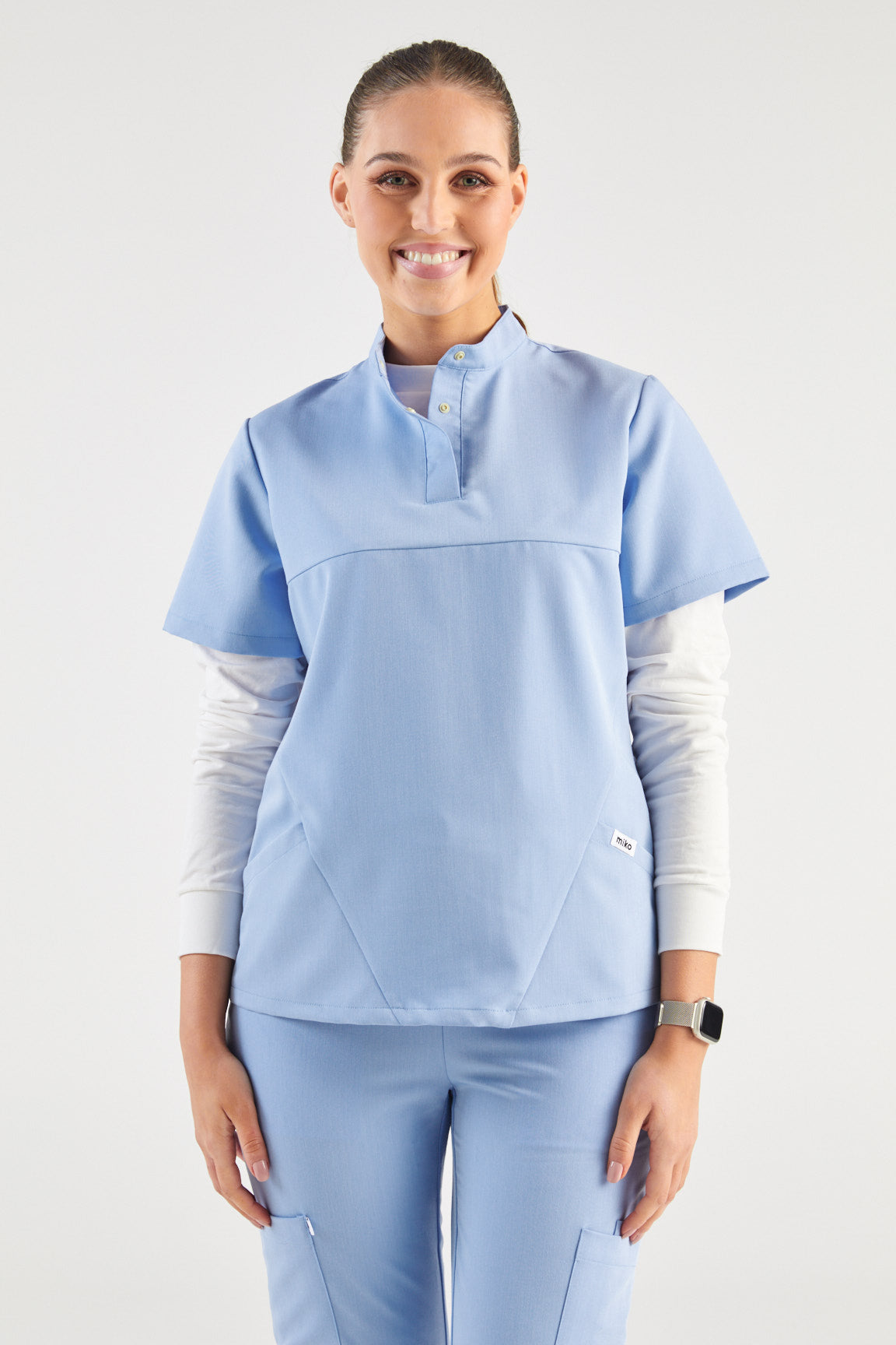 June Mandarin Collar Two Pocket Scrub Top - Sky Blue